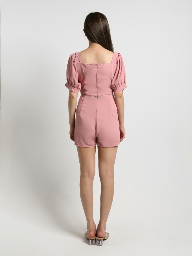 Square Neck Puff Short Sleeve Front Pocket Jumpsuit 17861