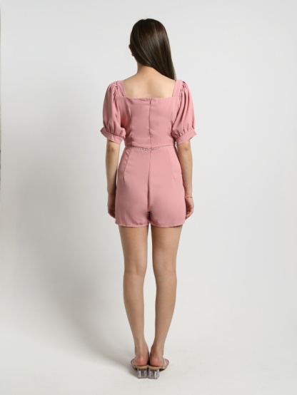 Square Neck Puff Short Sleeve Front Pocket Jumpsuit 17861