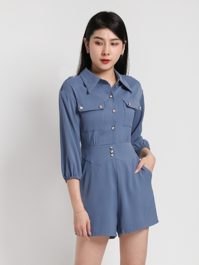 Collared Long Sleeve Front Button And Pocket Jumpsuit 17944