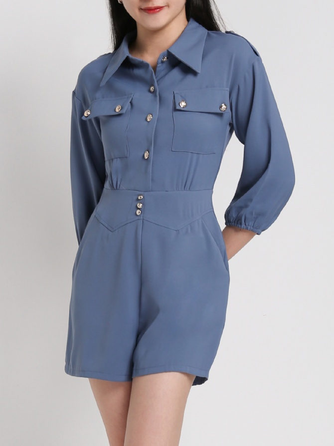 Collared Long Sleeve Front Button And Pocket Jumpsuit 17944