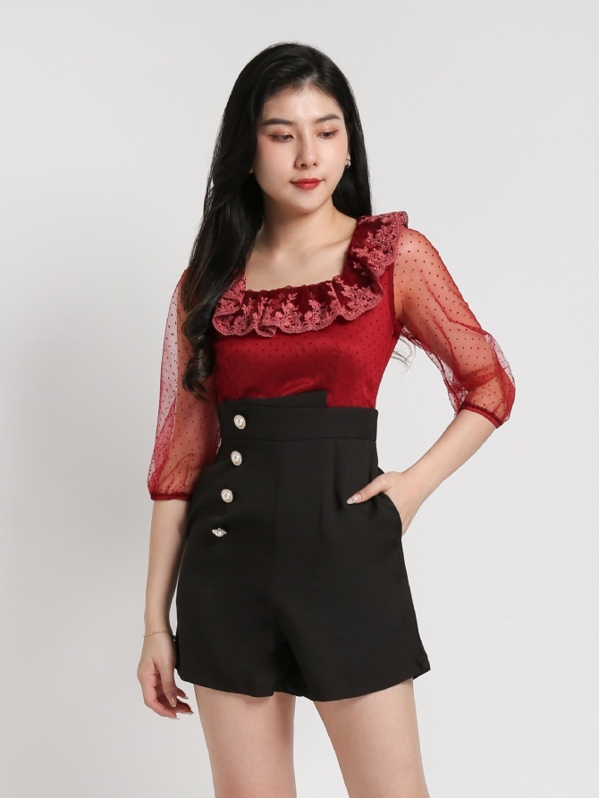 Two Tones Square Neck Lace Long Sleeve Fake Button Jumpsuit 18111
