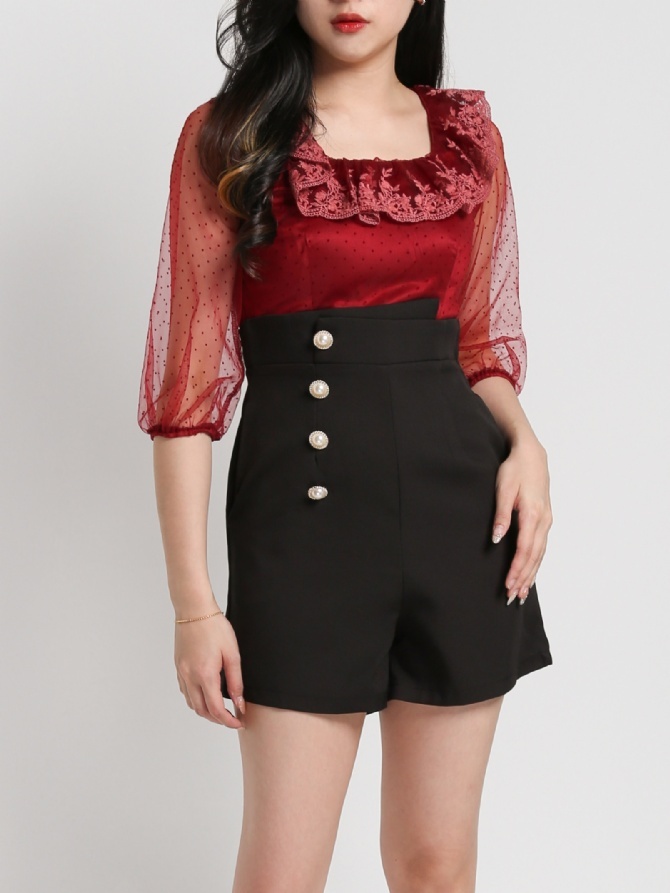 Two Tones Square Neck Lace Long Sleeve Fake Button Jumpsuit 18111