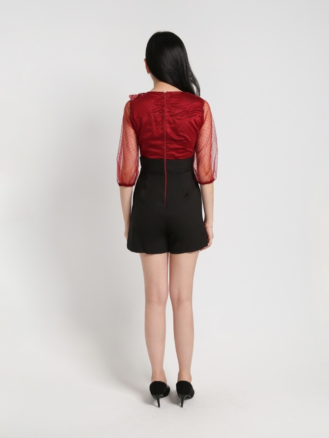 Two Tones Square Neck Lace Long Sleeve Fake Button Jumpsuit 18111
