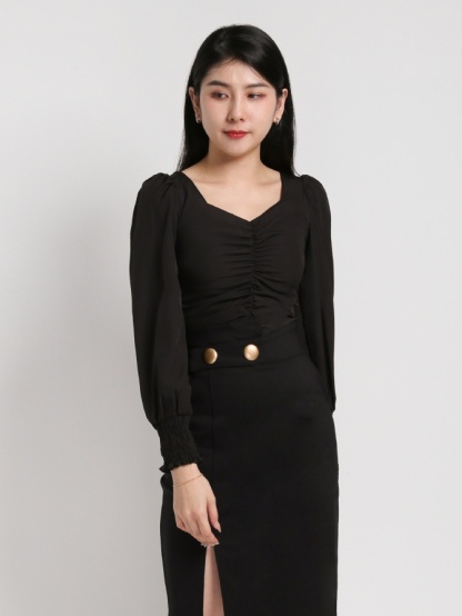 Square Neck Long Sleeve Elastic Crop Top 18229