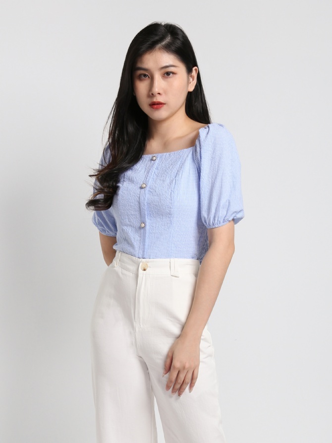 Off Shoulder Checker Short Sleeve Top 17726