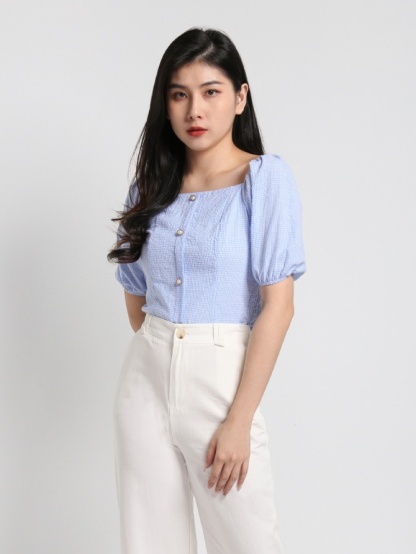 Off Shoulder Checker Short Sleeve Top 17726
