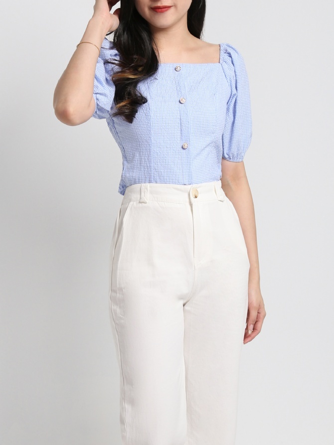 Off Shoulder Checker Short Sleeve Top 17726