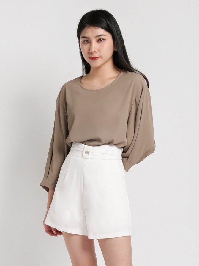 Round Neck Plain Long Sleeve Blouse 17894