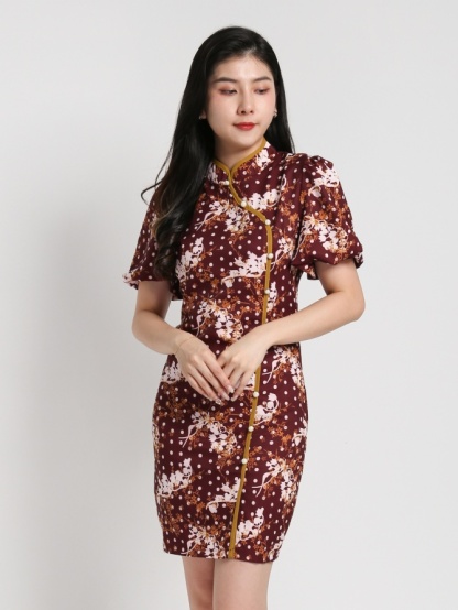 Mandarin Collar Puff Sleeve Fake Button Dress 17859