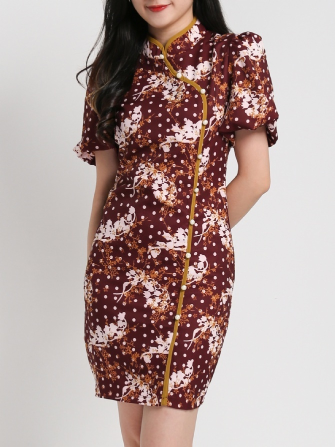 Mandarin Collar Puff Sleeve Fake Button Dress 17859