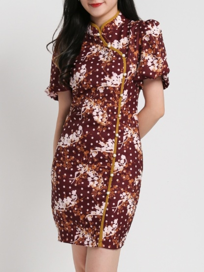 Mandarin Collar Puff Sleeve Fake Button Dress 17859