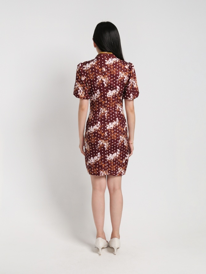 Mandarin Collar Puff Sleeve Fake Button Dress 17859