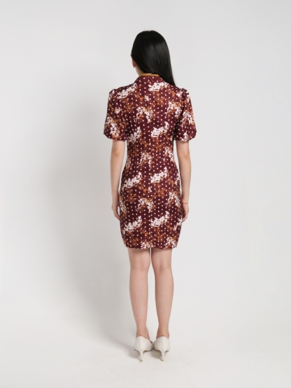 Mandarin Collar Puff Sleeve Fake Button Dress 17859