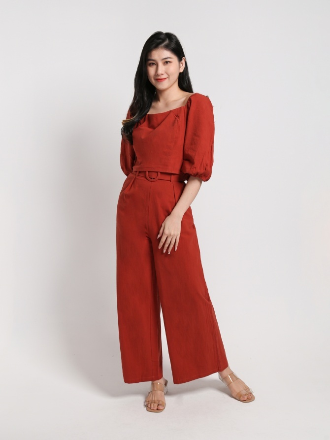 Square Neck Puff Short Sleeve Top With Belt Long Pants Set 22803