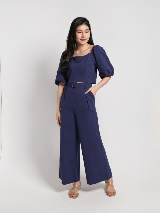 Square Neck Puff Short Sleeve Top With Belt Long Pants Set 22803