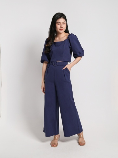Square Neck Puff Short Sleeve Top With Belt Long Pants Set 22803