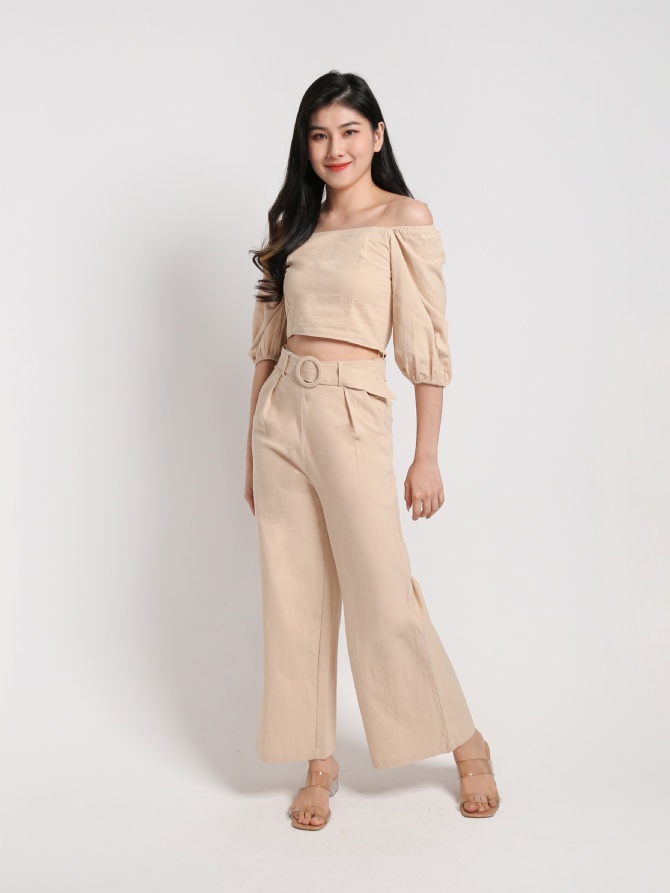 Square Neck Puff Short Sleeve Top With Belt Long Pants Set 22803