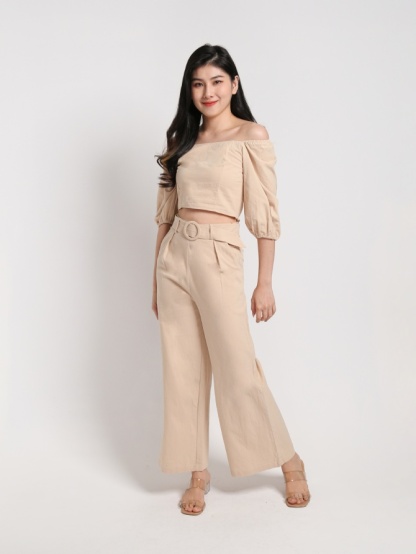 Square Neck Puff Short Sleeve Top With Belt Long Pants Set 22803