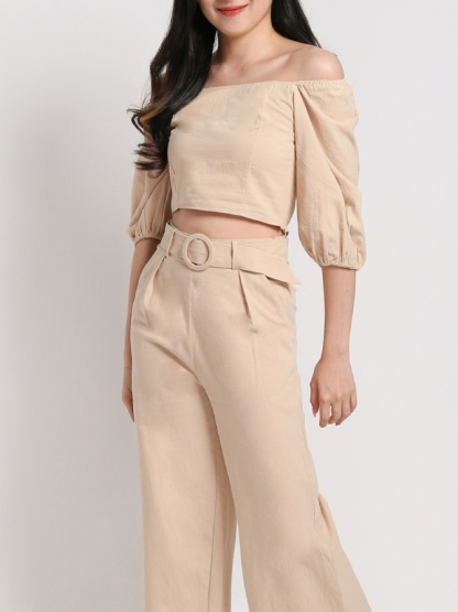 Square Neck Puff Short Sleeve Top With Belt Long Pants Set 22803