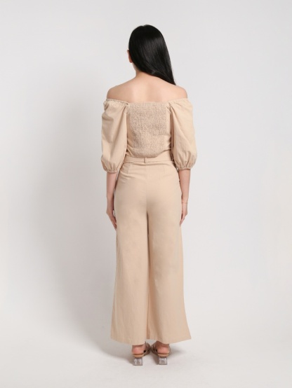 Square Neck Puff Short Sleeve Top With Belt Long Pants Set 22803