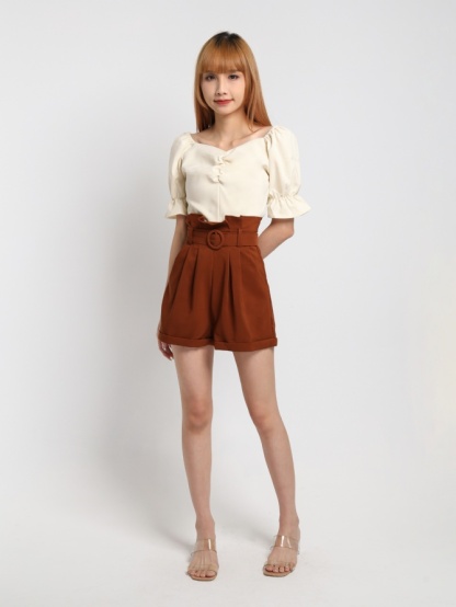 Short Sleeve Elastic Cased Cuff Top With Belt Pleated Short Pant Set 22662