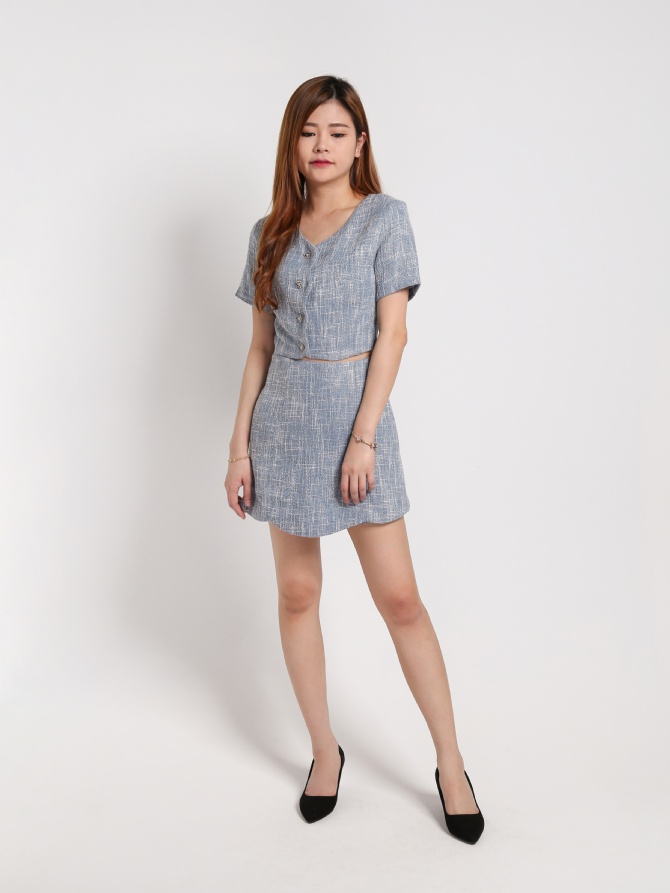 V Neck Front Button Top With Back Zip Skirt Set 22749