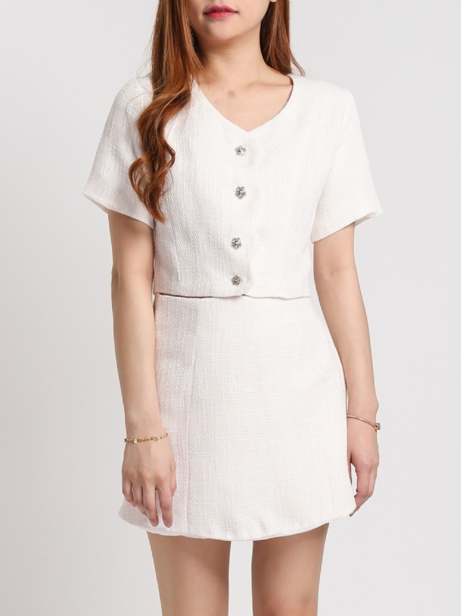 V Neck Front Button Top With Back Zip Skirt Set 22749