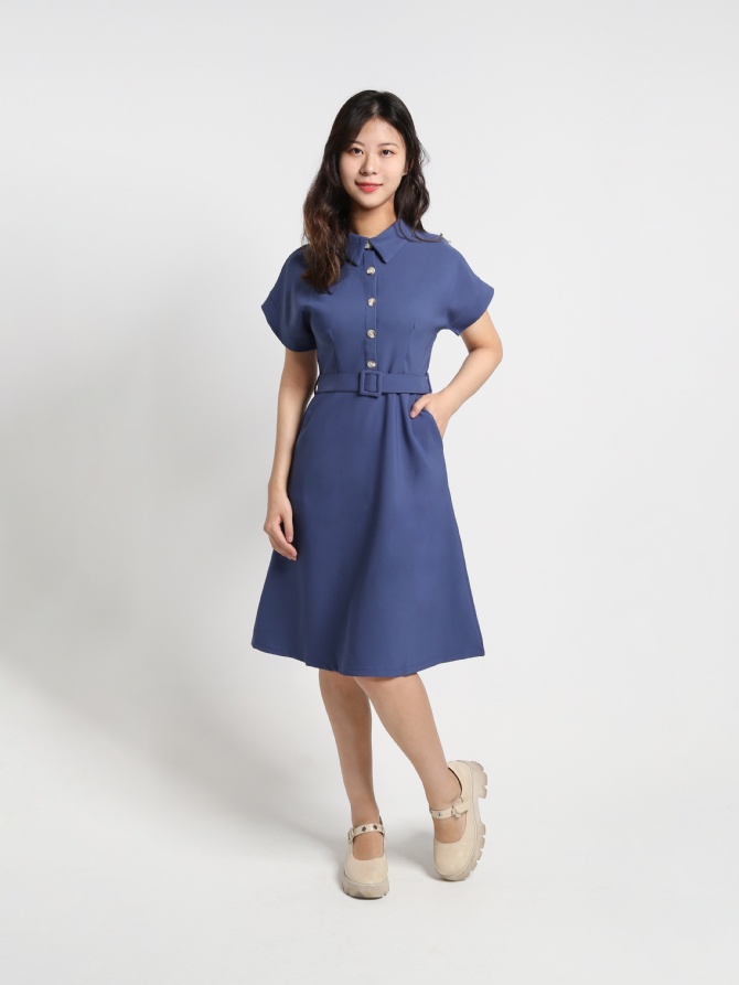 Collar Front Button Dress With Belt 16734