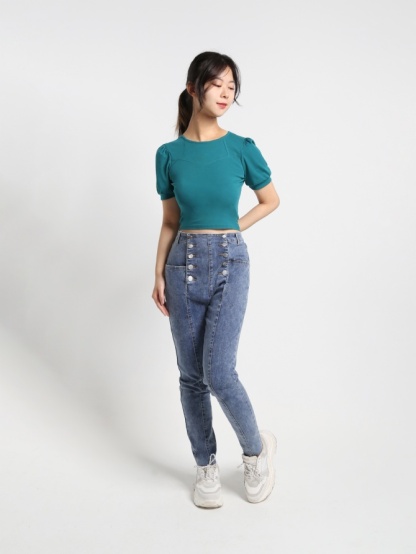 Denim Front Decorative Button Long Pants 16266