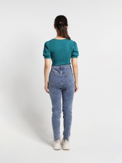 Denim Front Decorative Button Long Pants 16266