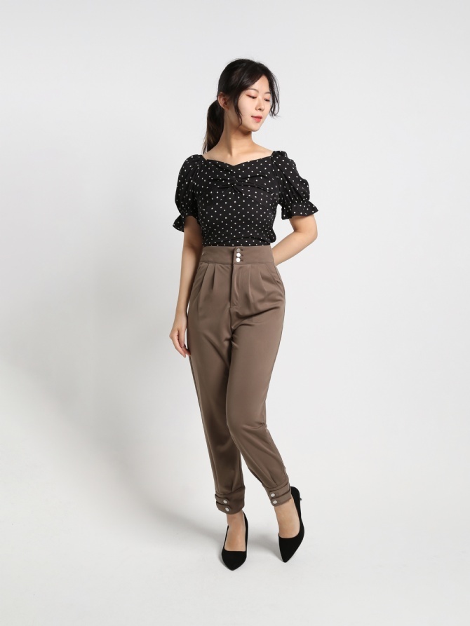 High Waist Fake Button With Cuff Long Pants 18286