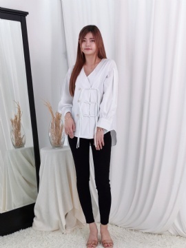 V Neck Tassel Button Long Sleeve Top 24522