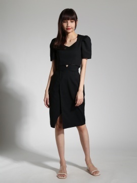 Puff Short Sleeve Top With Pocket Slit Skirt Set 23729