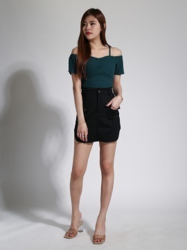 Checker Off Shoulder Top With Skirt Pants Set 23941