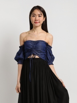 Off Shoulder Denim Front Drawstring Top 22204