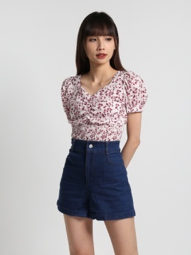 Puff Sleeve Floral Front Pleated Top 20362