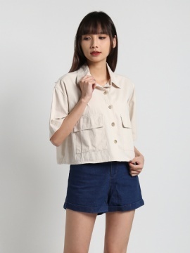 Collar Front Pocket And Button Short Sleeve Top 20428