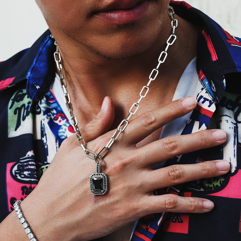 cz ダイヤ ネックレス メンズ 黒い宝石 ペンダント ホワイトゴールド KRKC