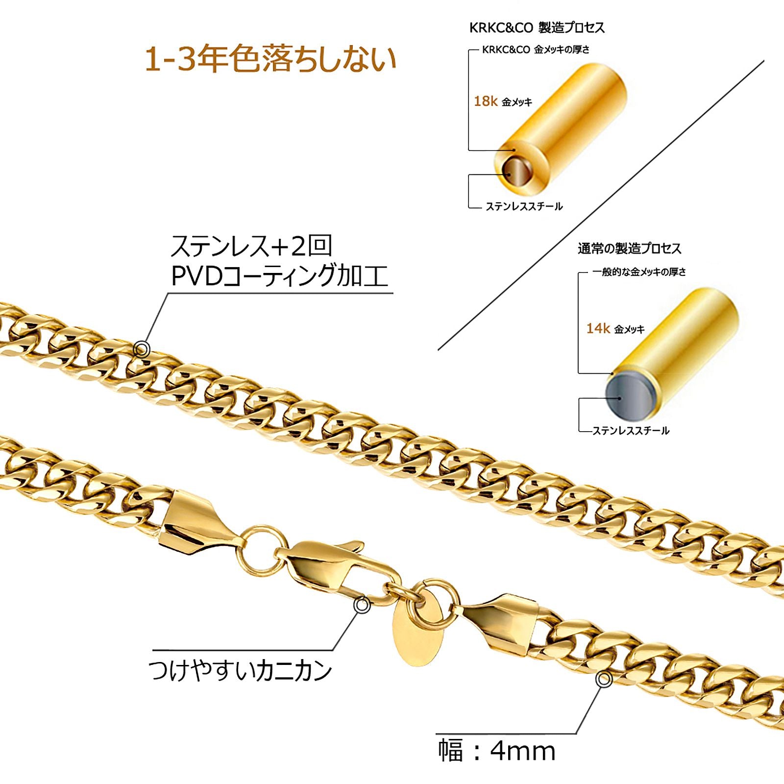 2面 18K キューバン メンズ ネックレス 4mm 45cm-65cm KRKC
