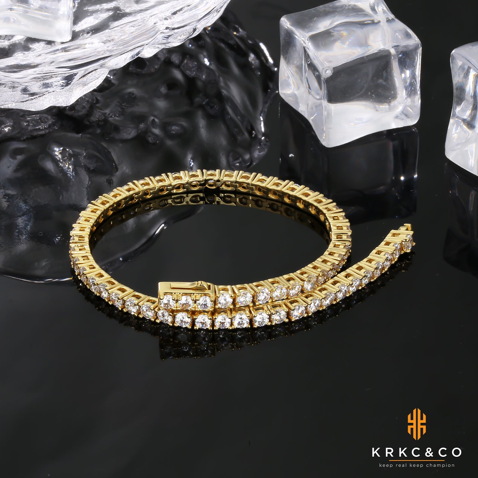 KRKC 3mm czダイヤ テニス ブレスレット 14Kゴールド メンズ