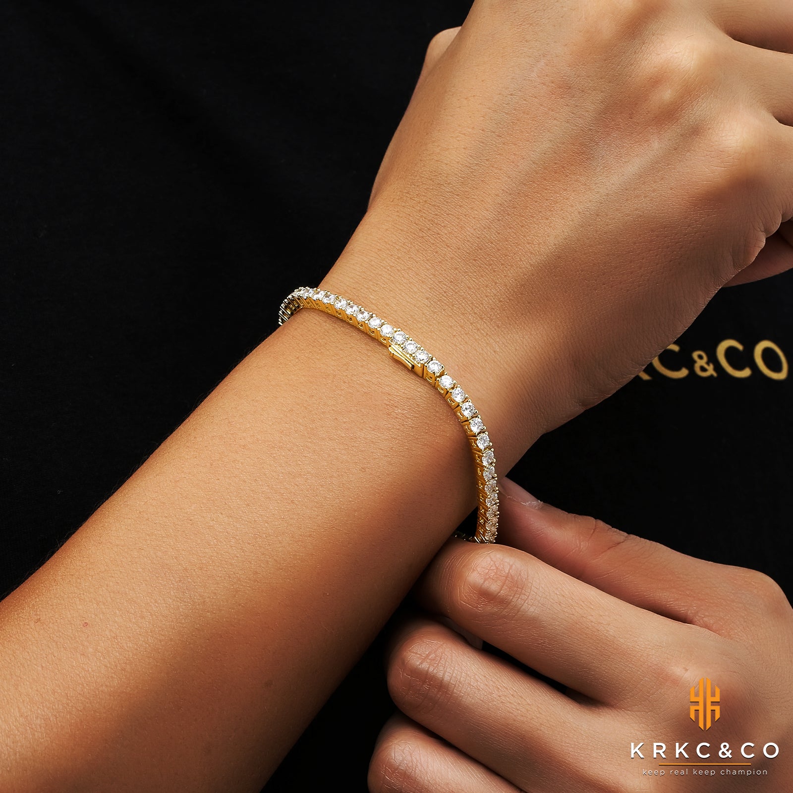 KRKC 3mm czダイヤ テニス ブレスレット 14Kゴールド メンズ