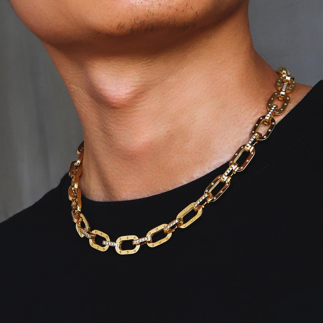 KRKC 10mm ジルコニア 小判 ケーブルチェーン ネックレス メンズ（3色選択可）