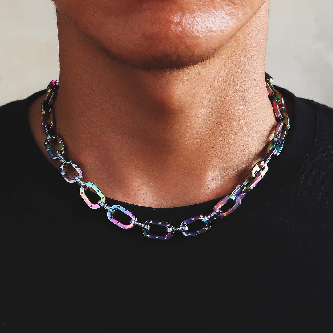 KRKC 10mm ジルコニア 小判 ケーブルチェーン ネックレス メンズ（3色選択可）