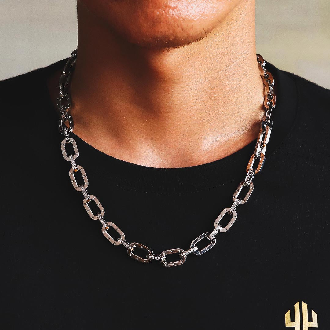 KRKC 10mm ジルコニア 小判 ケーブルチェーン ネックレス メンズ（3色選択可）