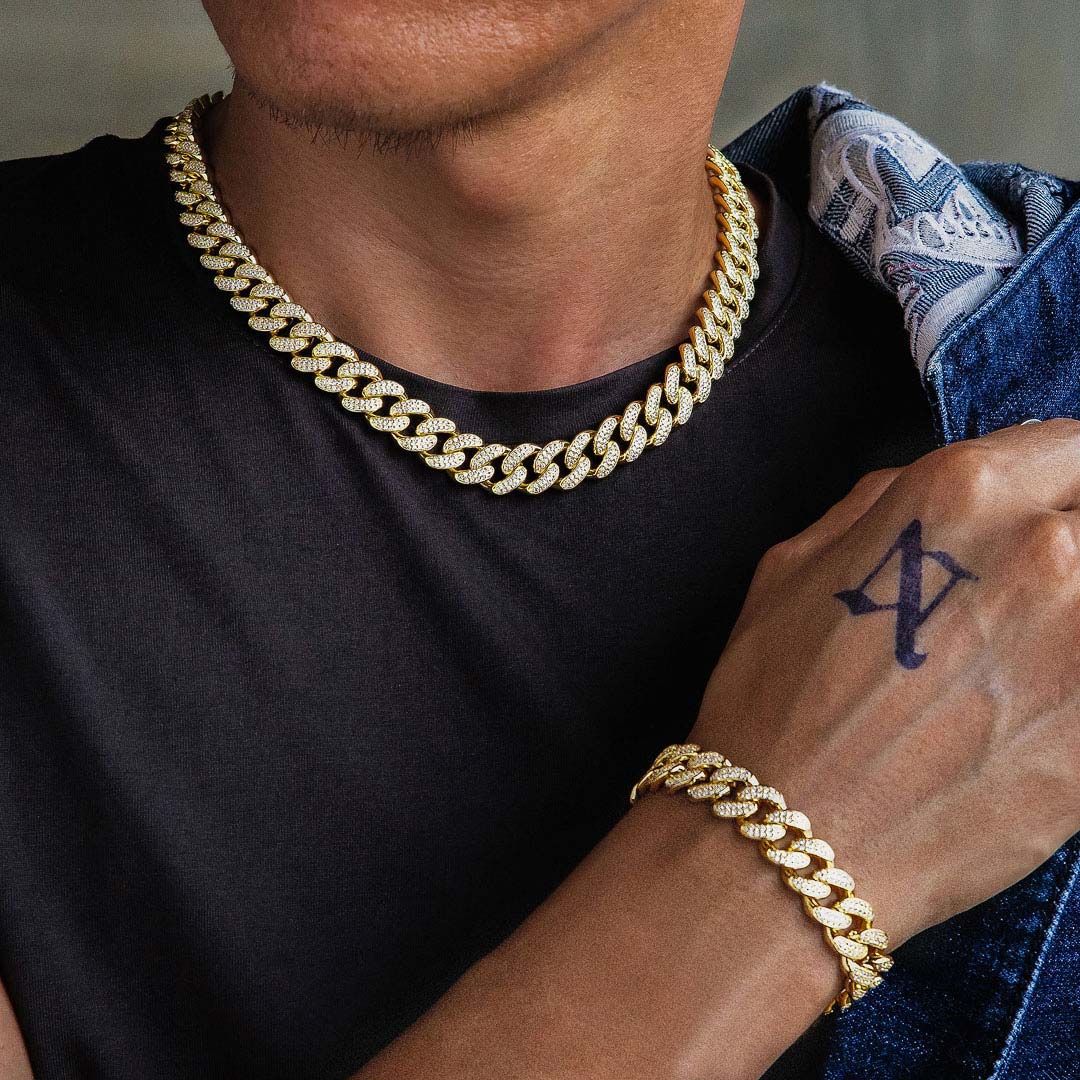 KRKC 【セット】12mm キューバンネックレス＆ブレスレット 14金 14K 