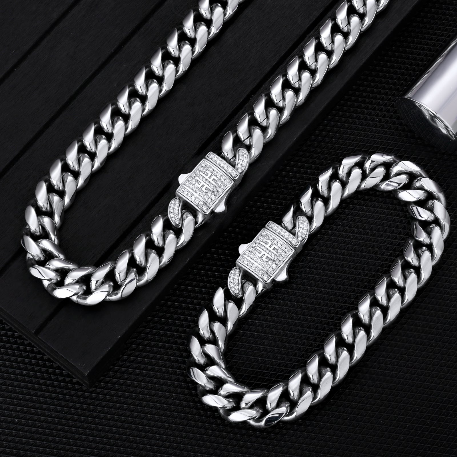 KRKC 【セット】 12mm ステンレス 喜平 キューバンネックレス&ブレスレット CZ留め具 ホワイトゴールド メンズ