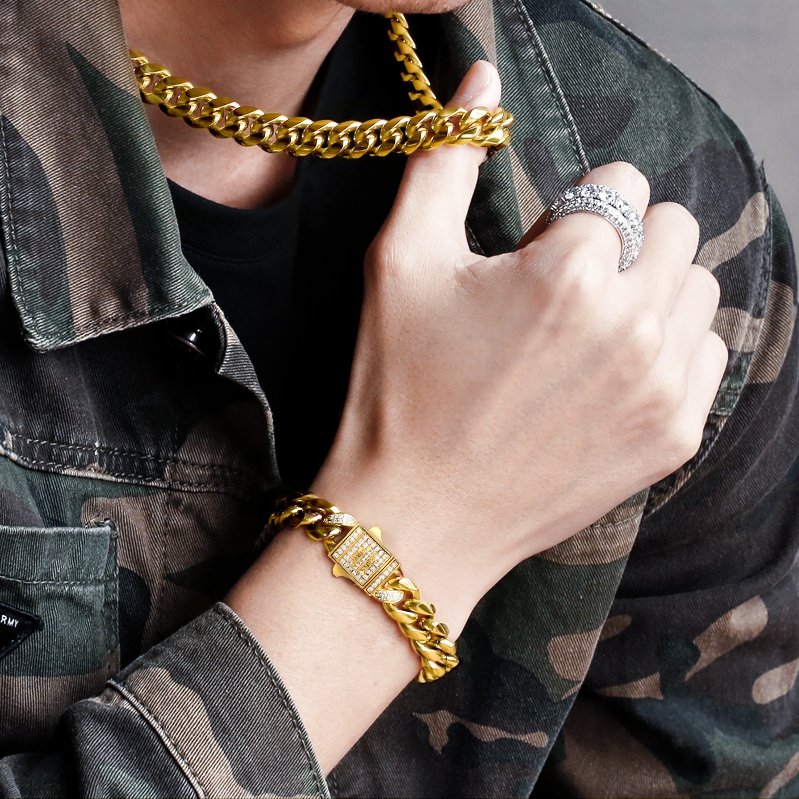 KRKC 【セット】 12mm ステンレス 喜平キューバンネックレス&ブレスレット 18金 18kゴールド メンズ