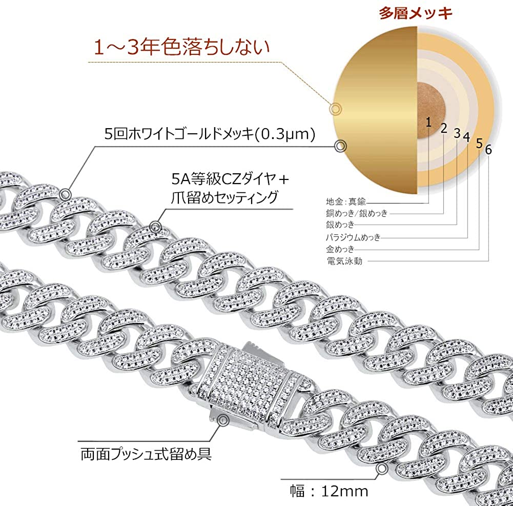 ダイヤモンド キューバン ネックレス & ブレスレット メンズ ホワイト 
