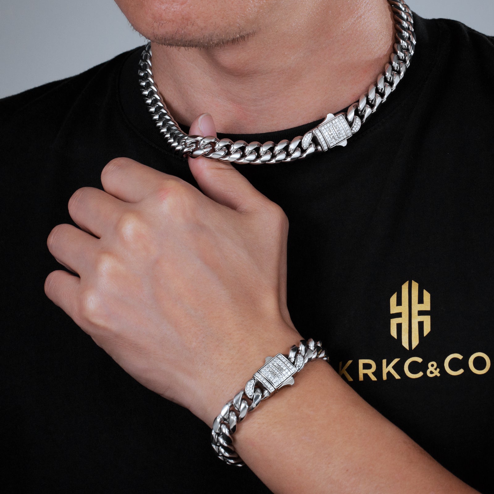 KRKC 【セット】 12mm ステンレス 喜平キューバンネックレス 