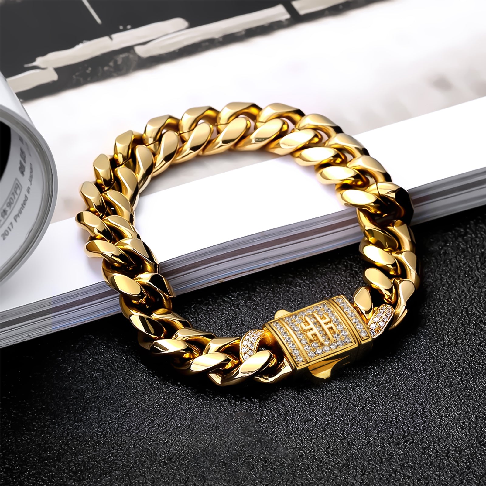 2面 18K CZ留め具 キューバン メンズ ブレスレット 12mm 18cm-23cm KRKC